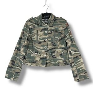 Vanilla Jeans Camo Jacket Embroidered Peacock Military Utility Boho Size S